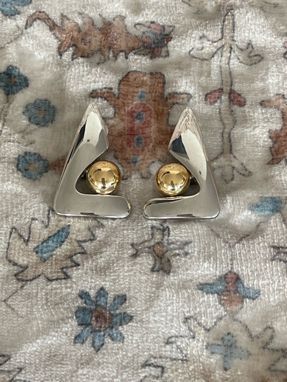 Courreges Vintage Two-Tone Silver Triangle Earrings with Gold Ball Accent